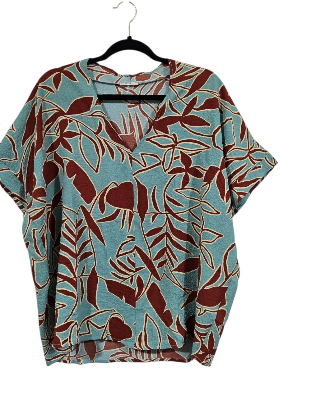JODIFL Tropical V-Neck Short Sleeve Top Teal Brown New M